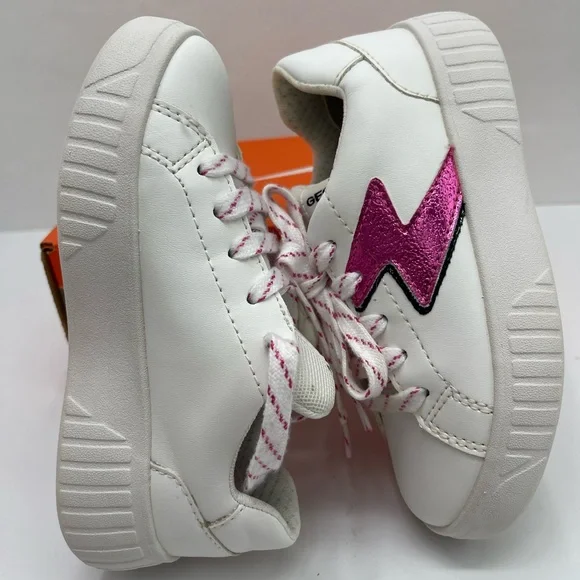 Geox Kids White Leather Sneakers with Pink Lightning Bolt with orthopedic insole - Picture 6 of 16